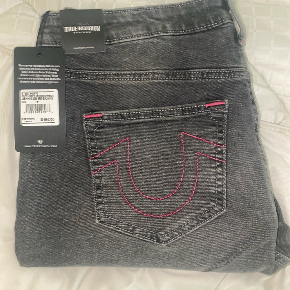 True Religion Women's Skinny Jeans in Charcoal with Pink Stitching